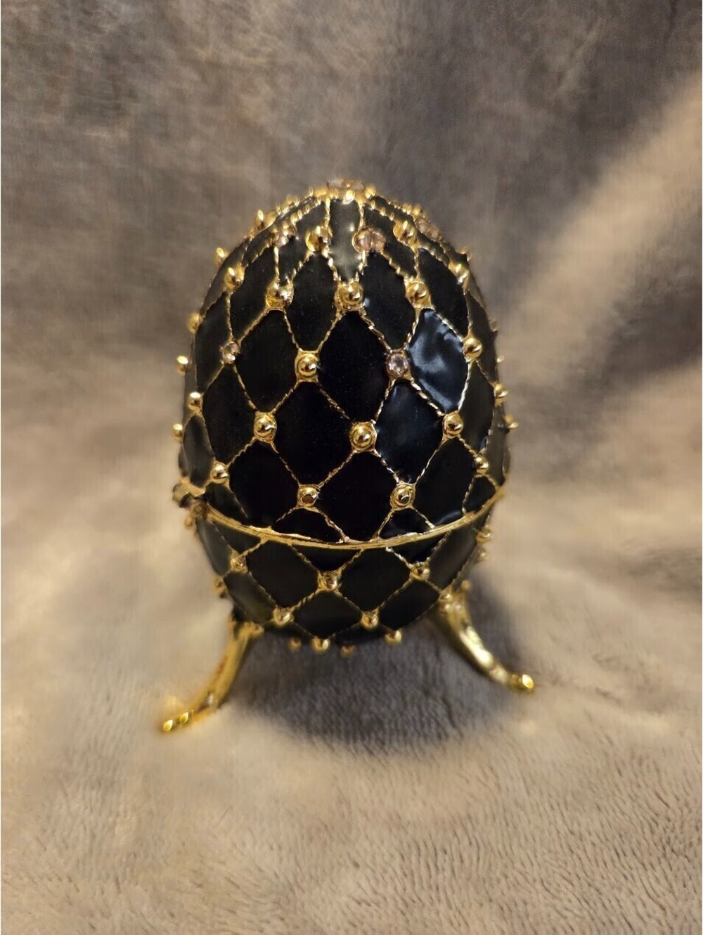 Vintage Fabergé Egg Music Box – Black Gold Trinket Holder w/ Rhinestones
